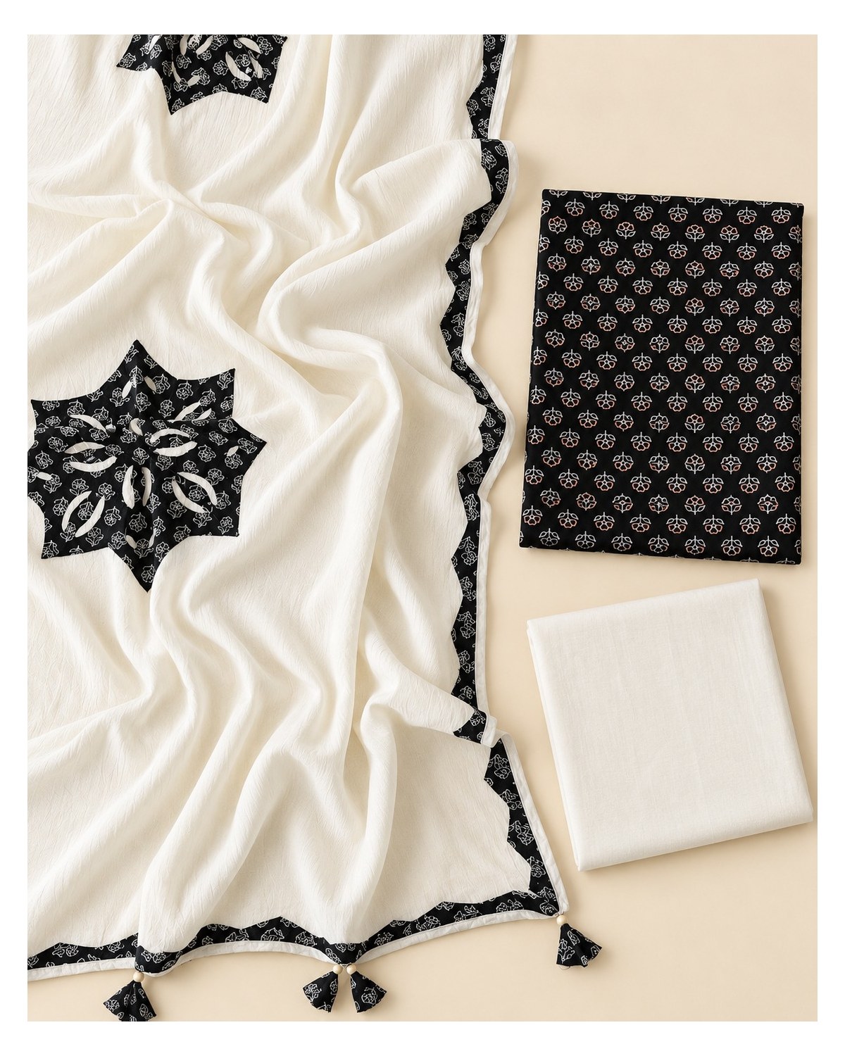 Ajrakh Printed Cotton Patchwork Dupatta Suit - Black Mini Motif / Ivory - image 5 | SONAS Clothing