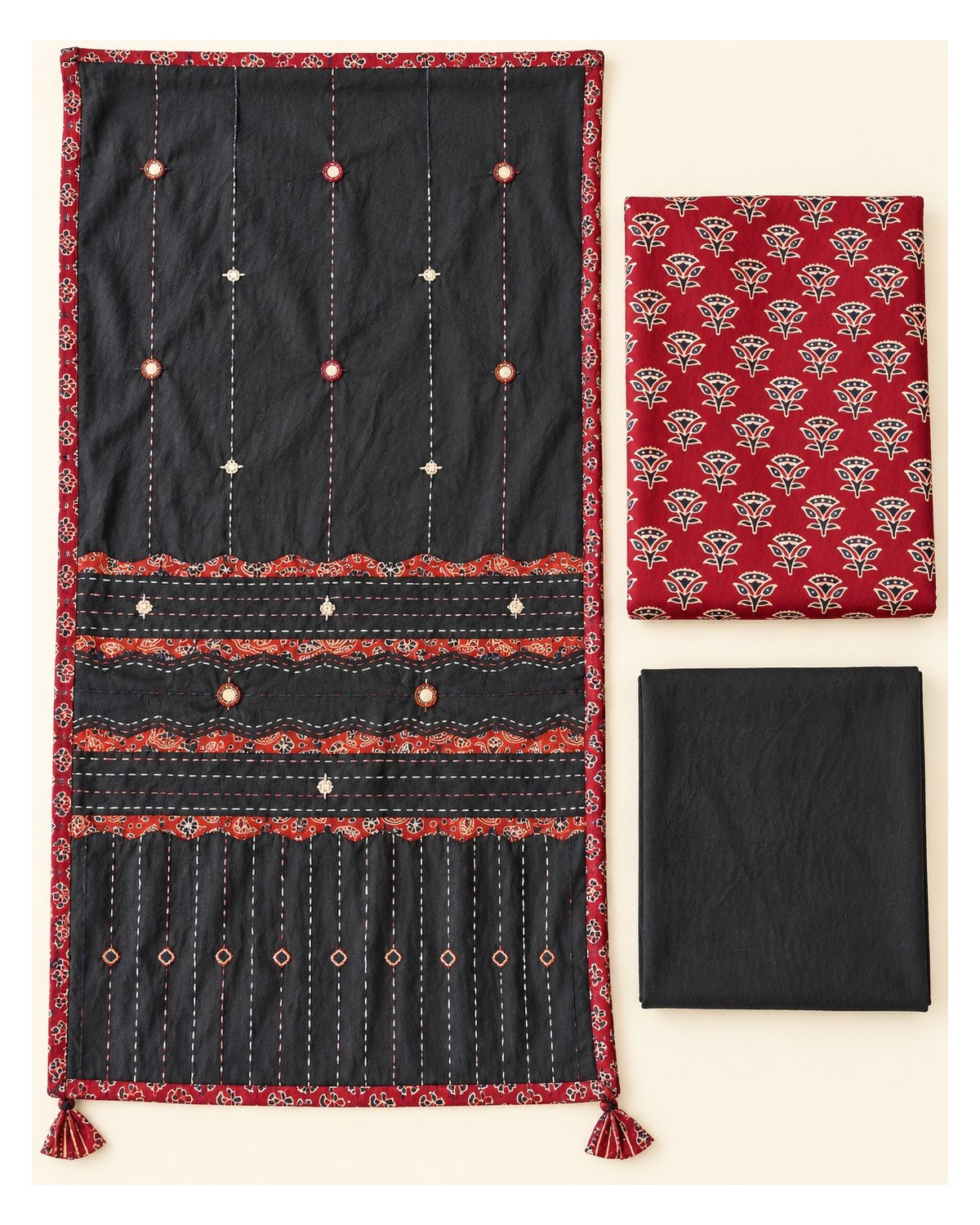 Ajrakh Printed Cotton Patchwork Dupatta Suit - Maroon Floral / Charcoal Patchwork - image 5 | SONAS Clothing