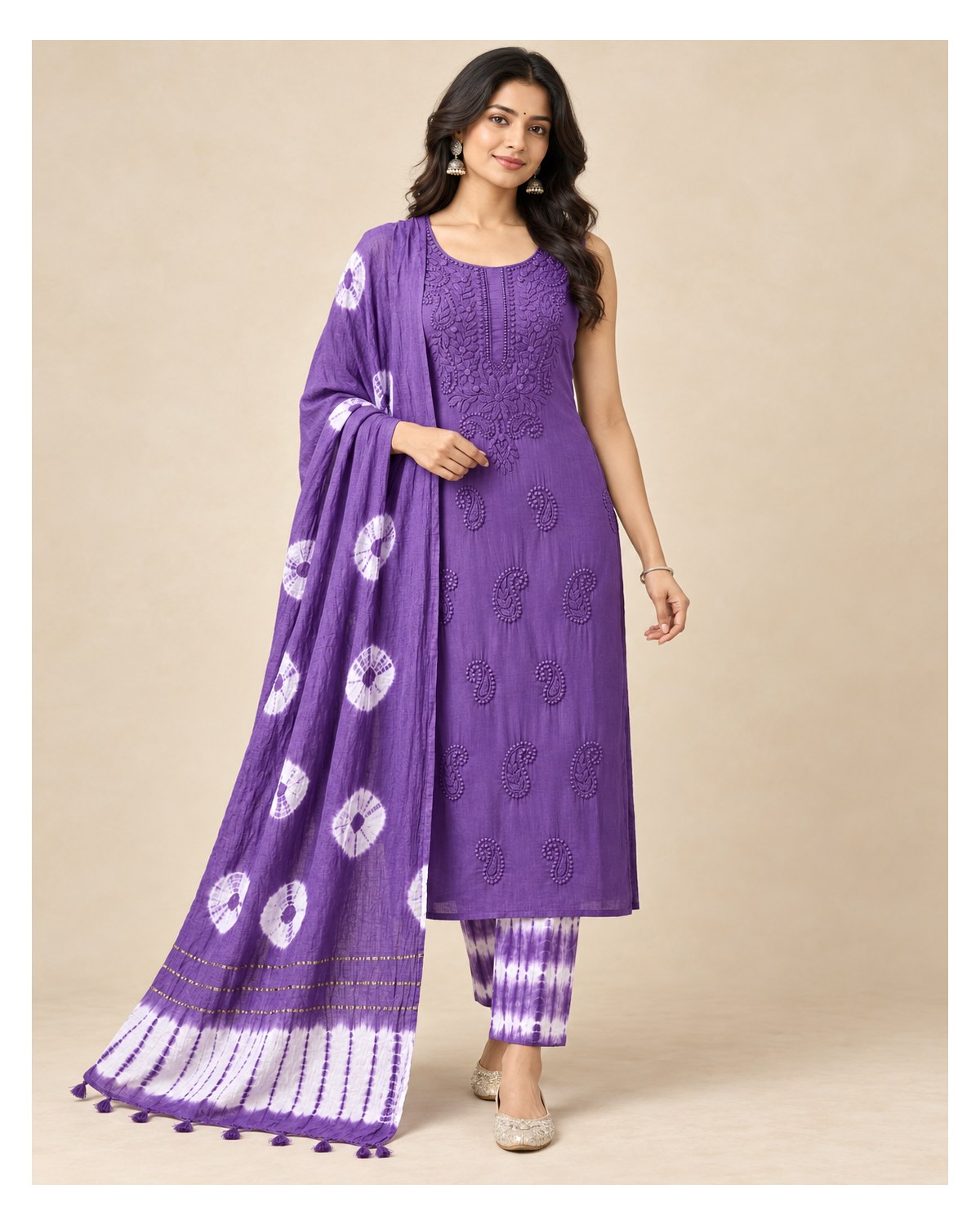 Lucknowi Embroidered Cotton Batik Churidar Material - Deep Violet