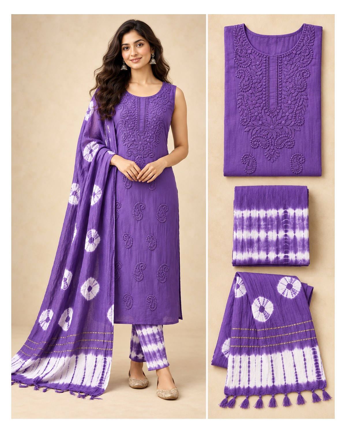 Lucknowi Embroidered Cotton Batik Churidar Material - Deep Violet - image 3 | SONAS Clothing