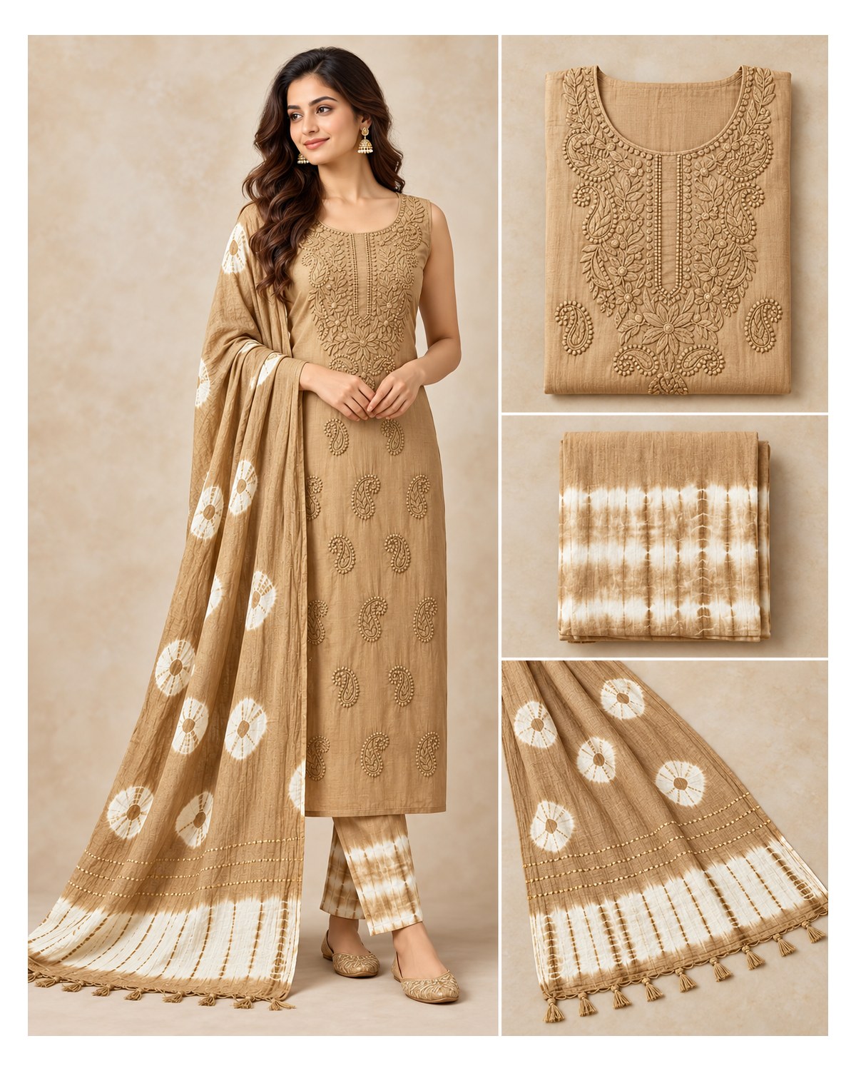 Lucknowi Embroidered Cotton Batik Churidar Material - Sand Beige - image 3 | SONAS Clothing