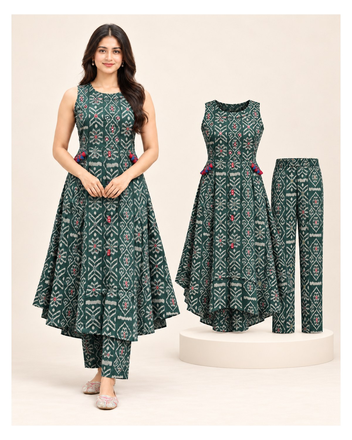 Heavy Cotton Handwork Kurti & Pant Set - Deep Green - image 2 | SONAS Clothing