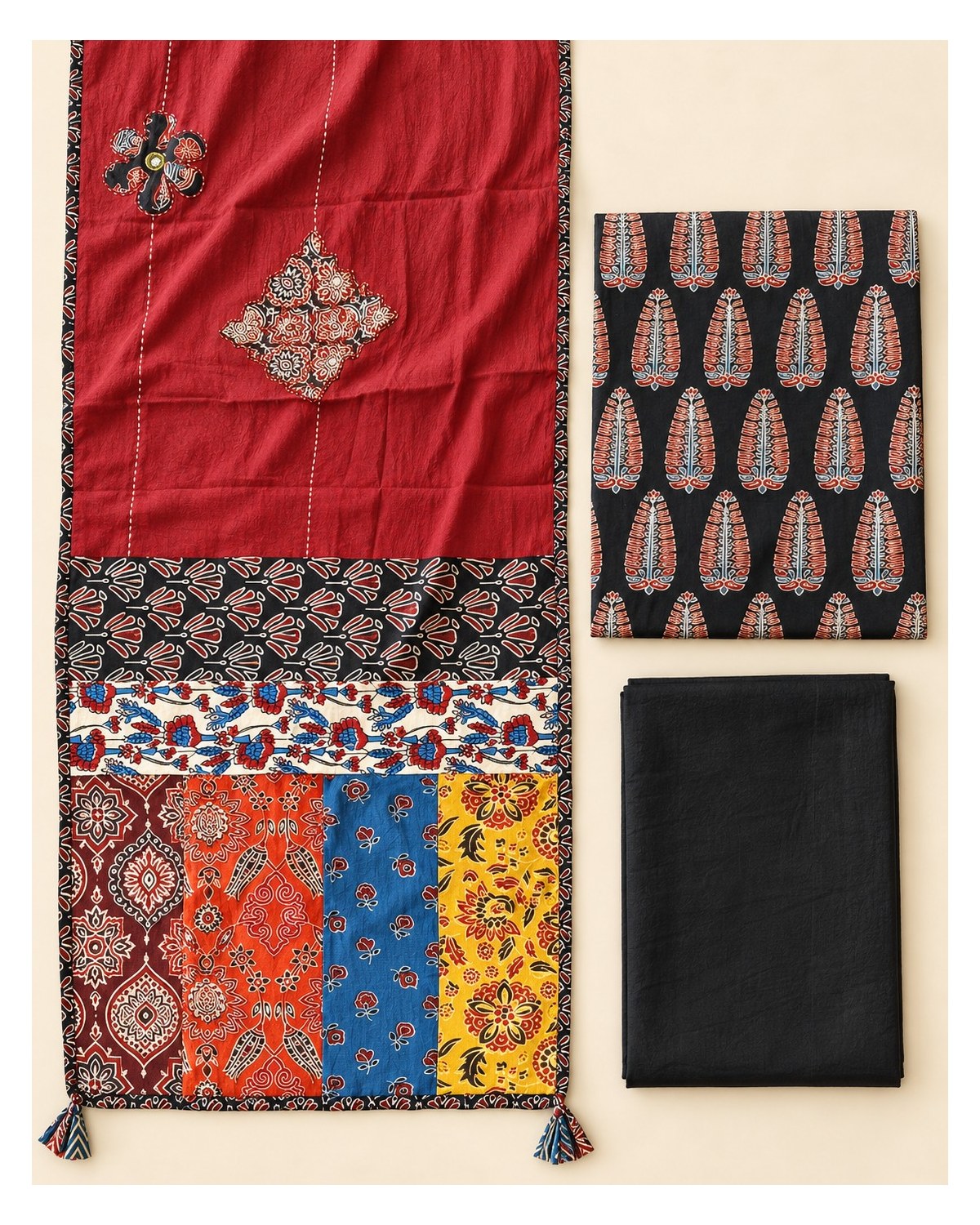 Ajrakh Printed Cotton Patchwork Dupatta Suit - Charcoal / Maroon Patchwork - image 5 | SONAS Clothing