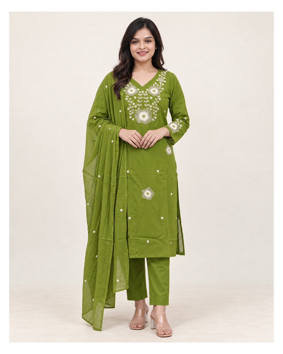 Premium Fine Cotton Embroidered Kurti Pant Dupatta Set - Olive Green - Ready-to-Wear Churidar | SONAS Clothing