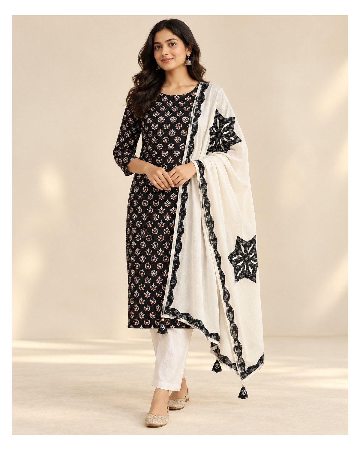 Ajrakh Printed Cotton Patchwork Dupatta Suit - Black Mini Motif / Ivory - image 4 | SONAS Clothing