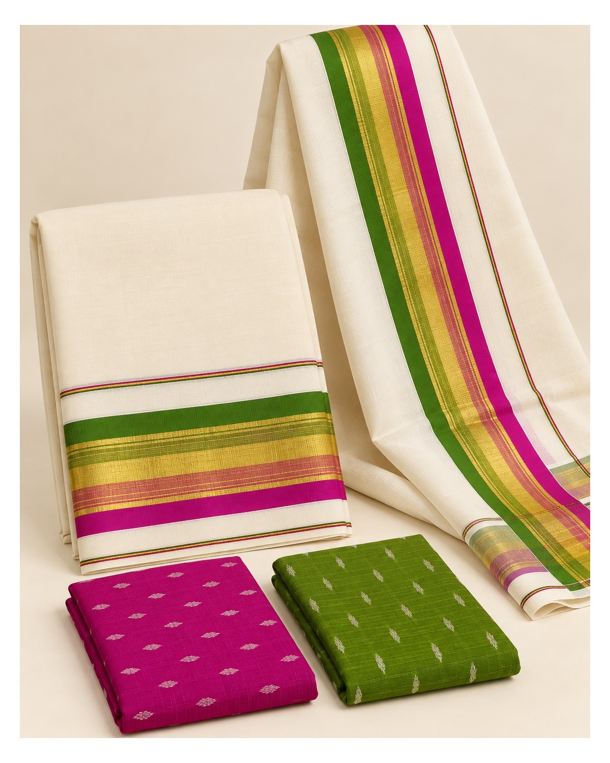 Kerala Traditional Fancy Set Mundu with Blouse - Green / Magenta / Gold - image 3 | SONAS Clothing