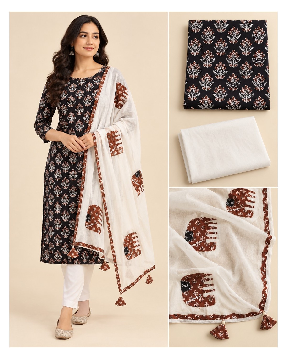 Ajrakh Printed Cotton Patchwork Dupatta Suit - Black Floral / Ivory - image 5 | SONAS Clothing