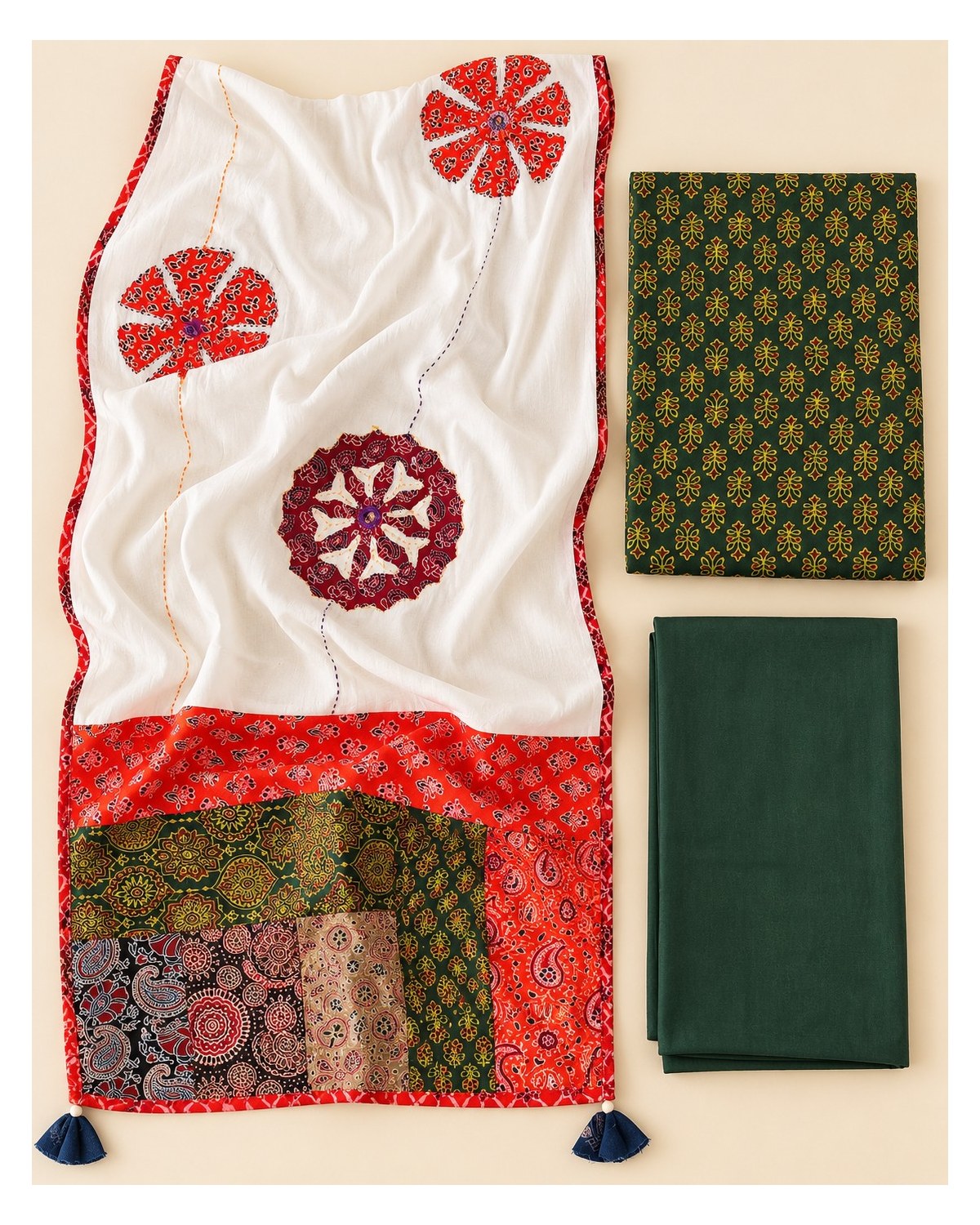 Ajrakh Printed Cotton Patchwork Dupatta Suit - Dark Green / Ivory Patchwork - image 5 | SONAS Clothing