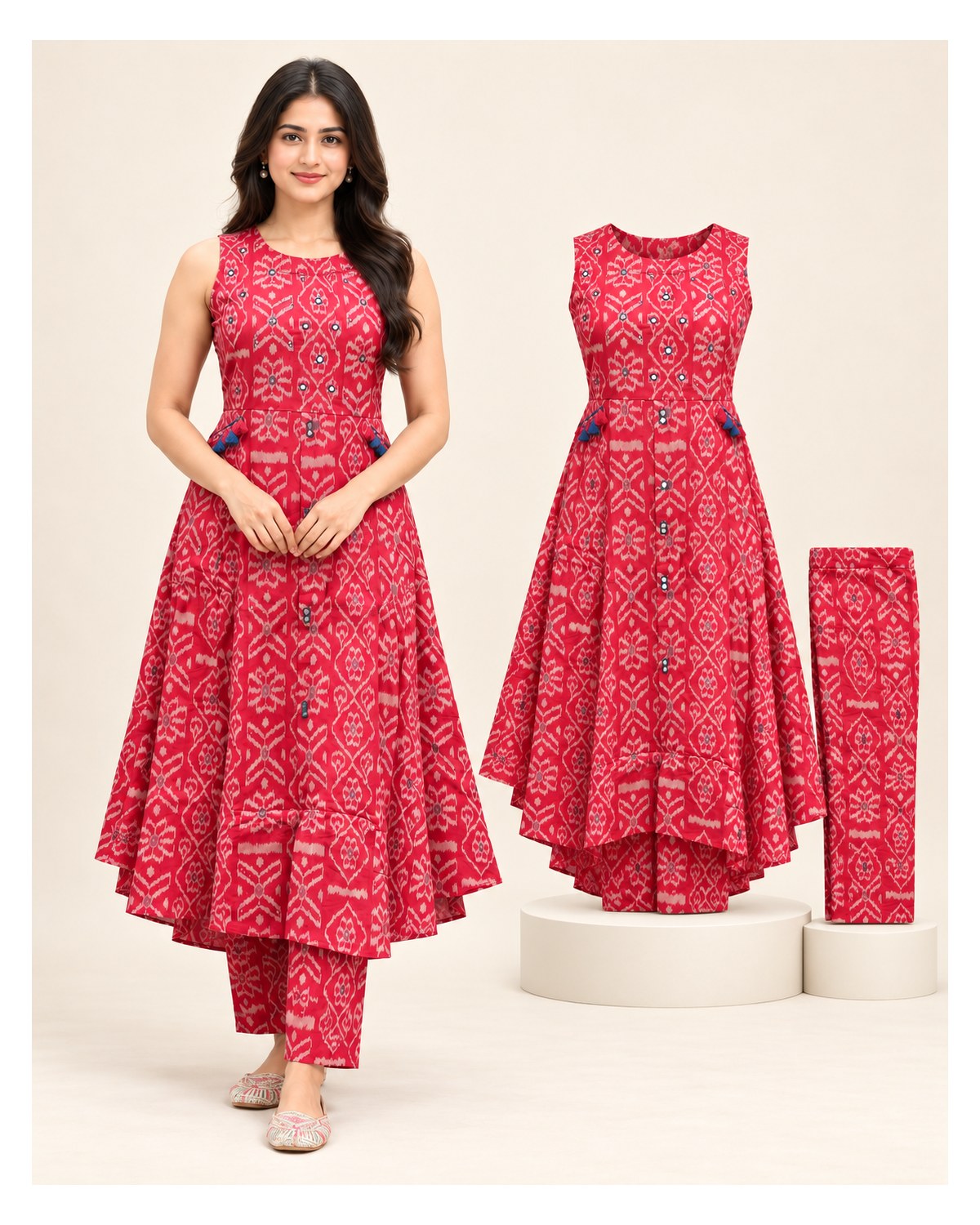 Heavy Cotton Handwork Kurti & Pant Set - Red - image 2 | SONAS Clothing