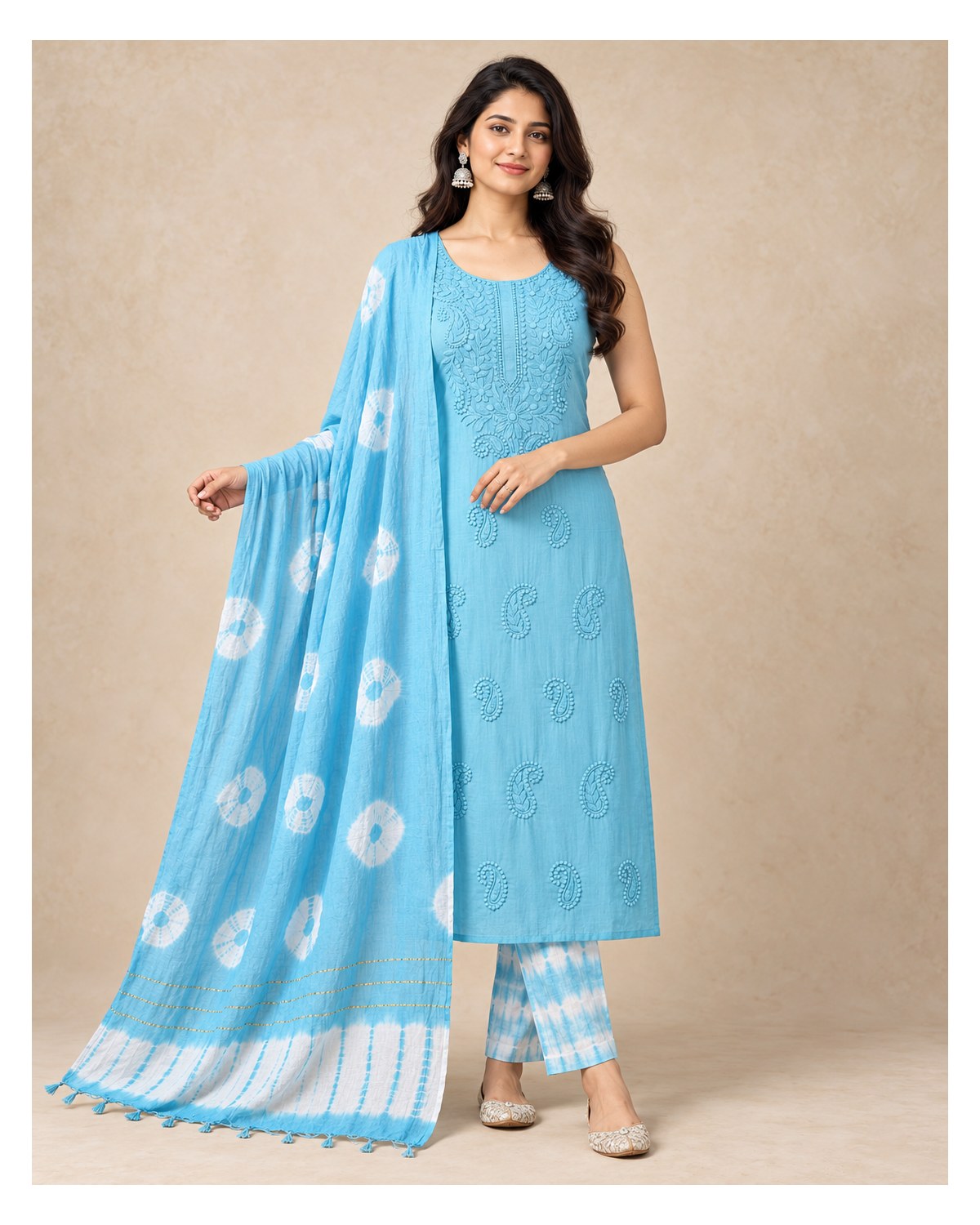 Lucknowi Embroidered Cotton Batik Churidar Material - Sky Blue