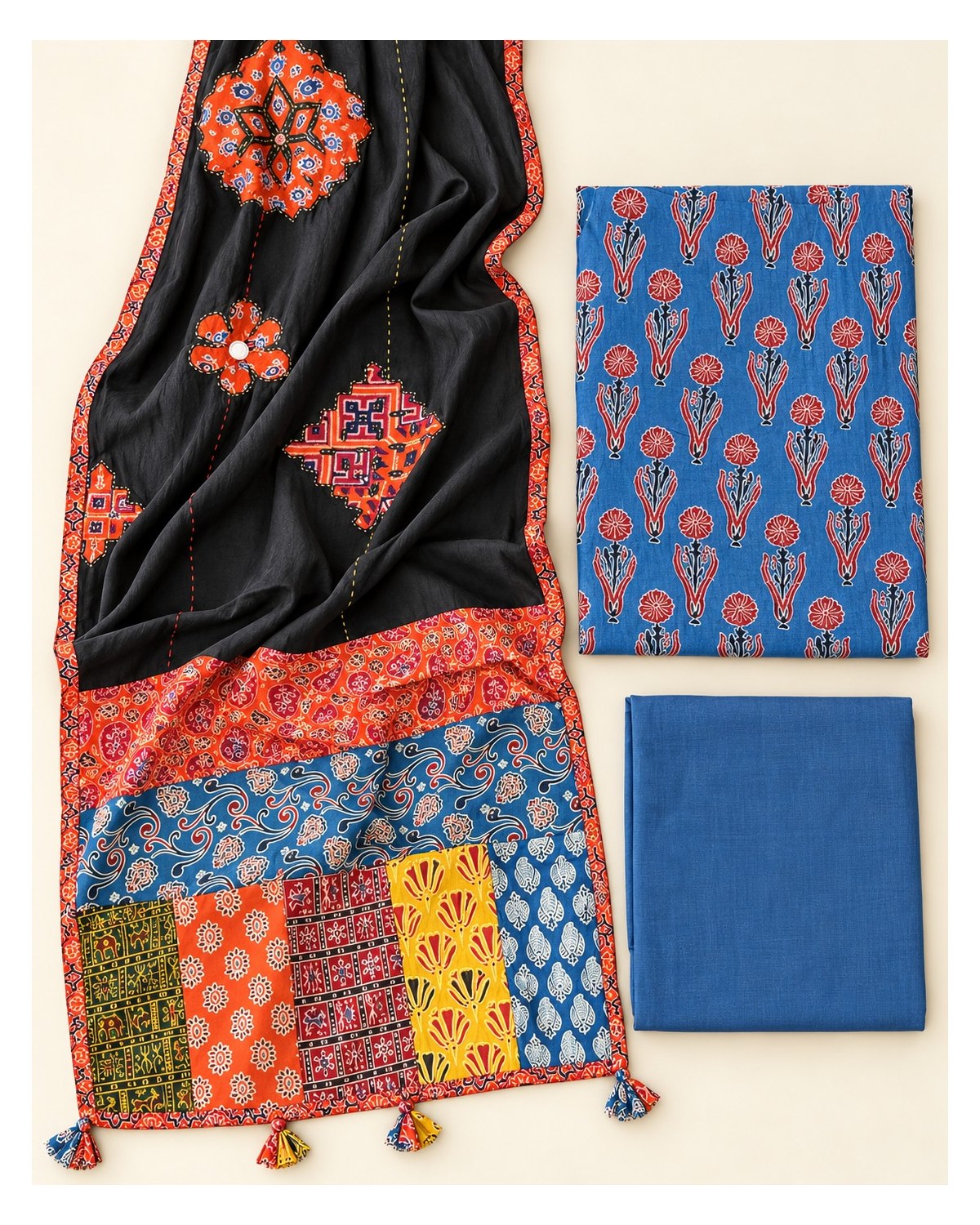 Ajrakh Printed Cotton Patchwork Dupatta Suit - Slate Blue Floral / Royal Blue Patchwork - image 9 | SONAS Clothing