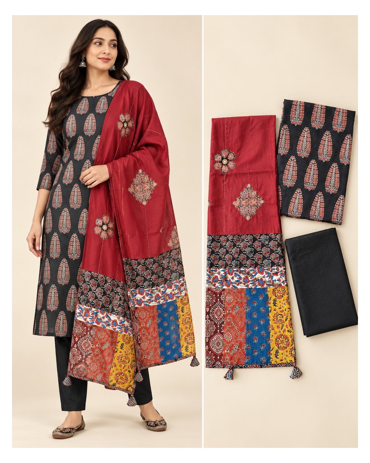 Ajrakh Printed Cotton Patchwork Dupatta Suit - Charcoal / Maroon Patchwork