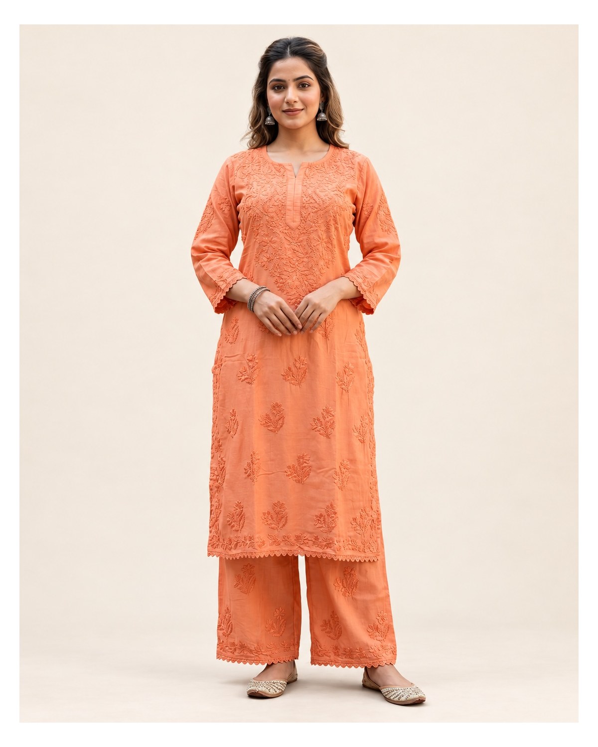 Muslin Chikankari Embroidered Kurta Palazzo Set with Lace - Peach