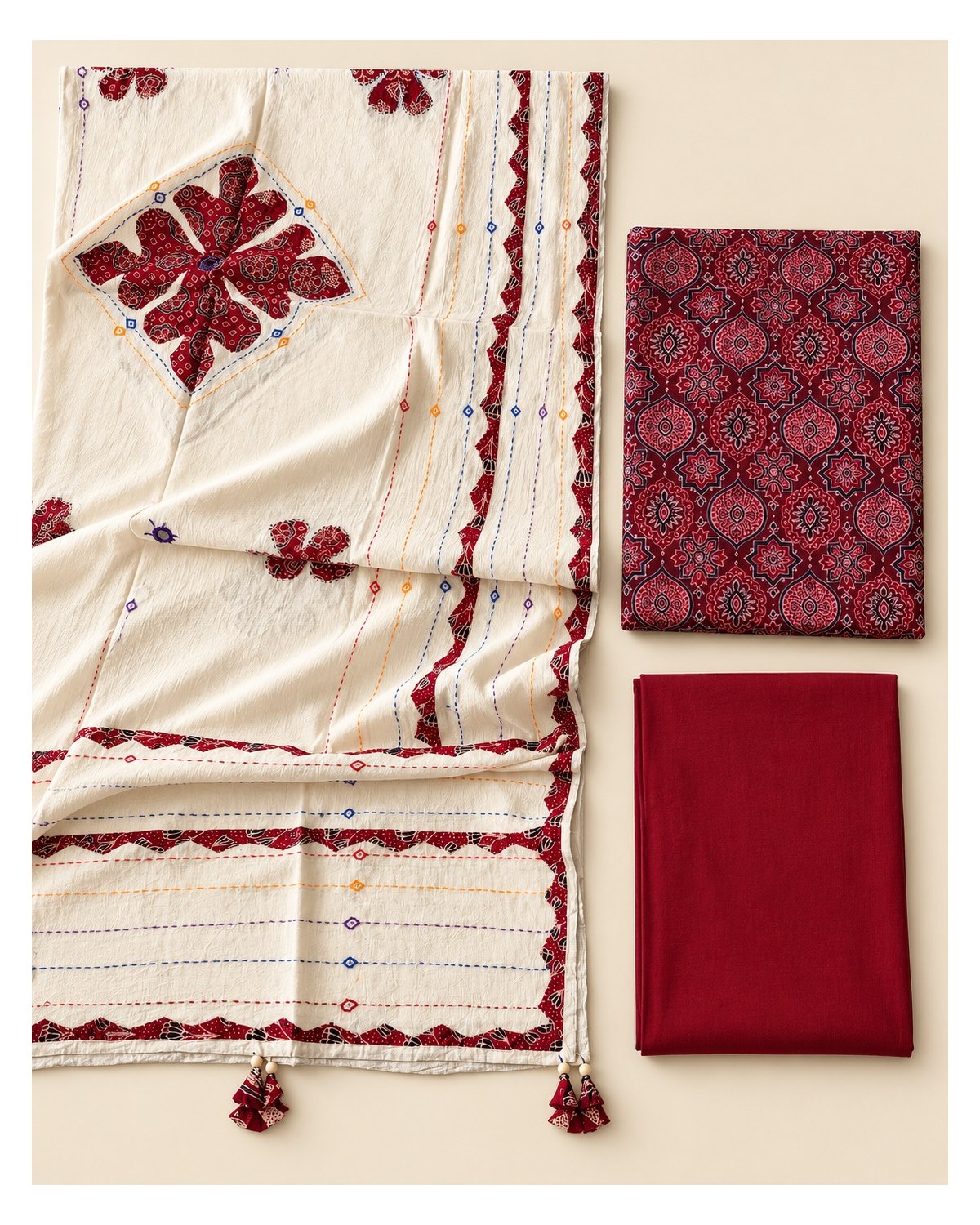 Ajrakh Printed Cotton Patchwork Dupatta Suit - Maroon Ajrakh / Ivory - image 6 | SONAS Clothing