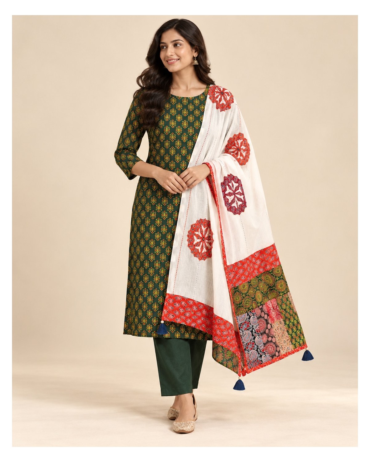 Ajrakh Printed Cotton Patchwork Dupatta Suit - Dark Green / Ivory Patchwork