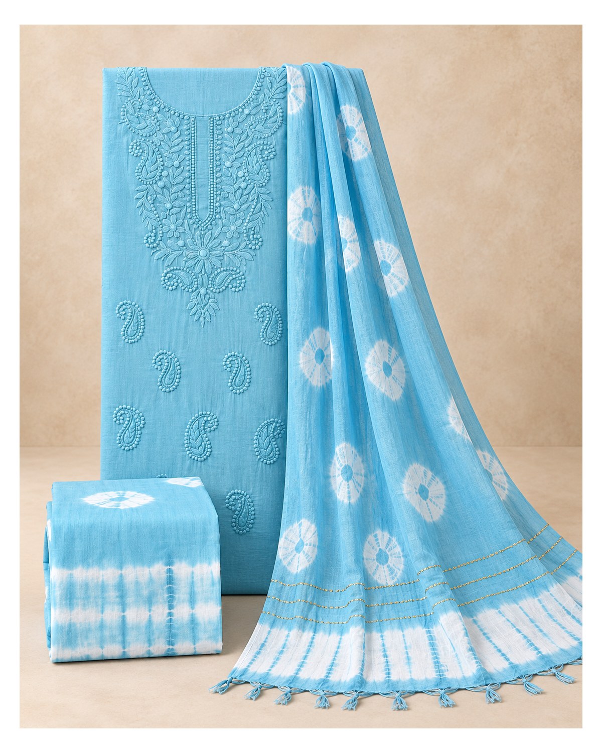 Lucknowi Embroidered Cotton Batik Churidar Material - Sky Blue - image 2 | SONAS Clothing