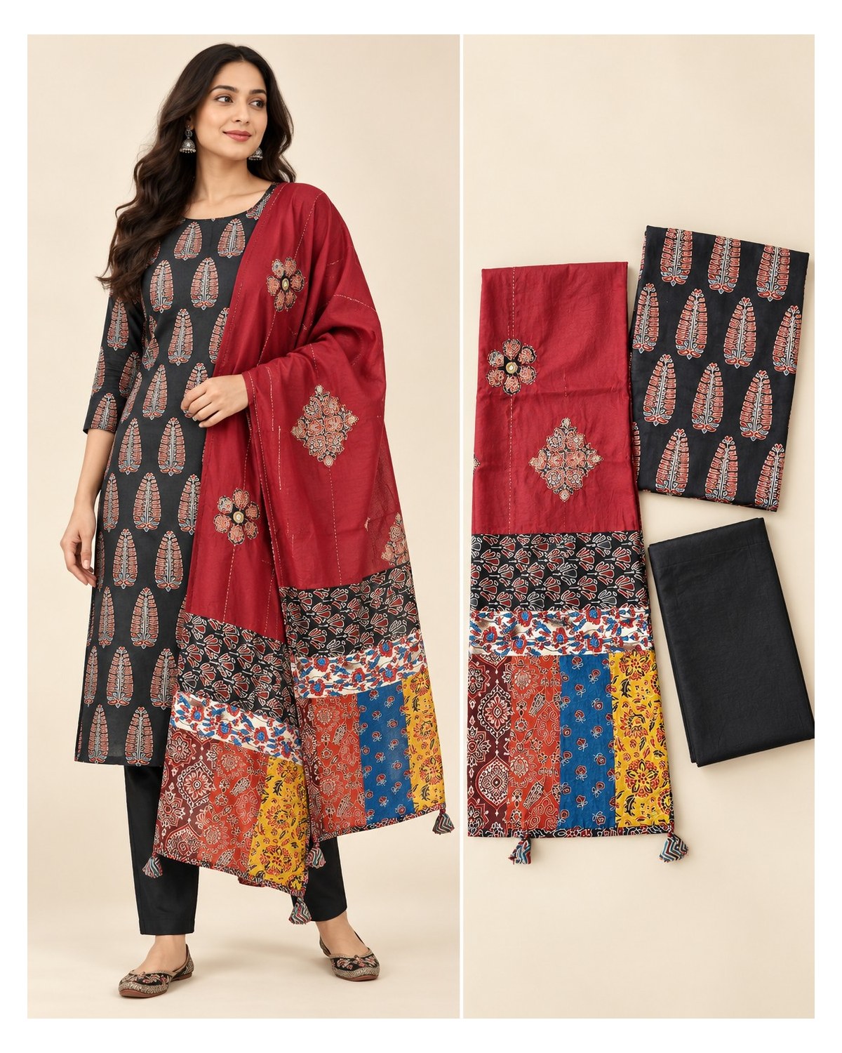 Ajrakh Printed Cotton Patchwork Dupatta Suit - Charcoal / Maroon Patchwork - image 6 | SONAS Clothing
