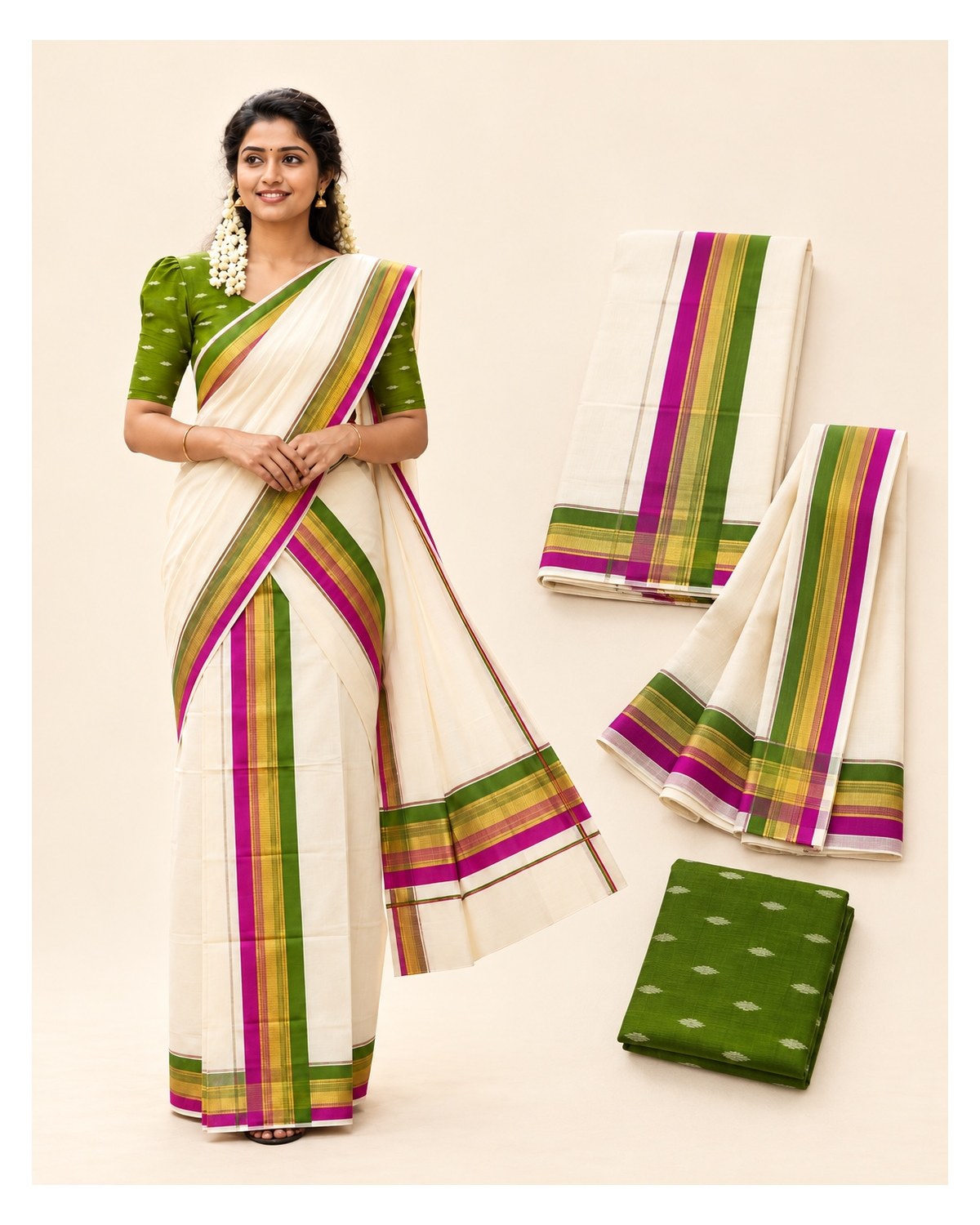 Kerala Traditional Fancy Set Mundu with Blouse - Green / Magenta / Gold - image 2 | SONAS Clothing
