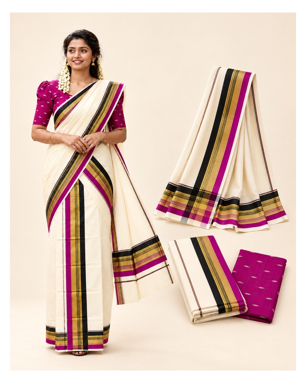 Kerala Traditional Fancy Set Mundu with Blouse - Magenta / Black / Gold - image 2 | SONAS Clothing
