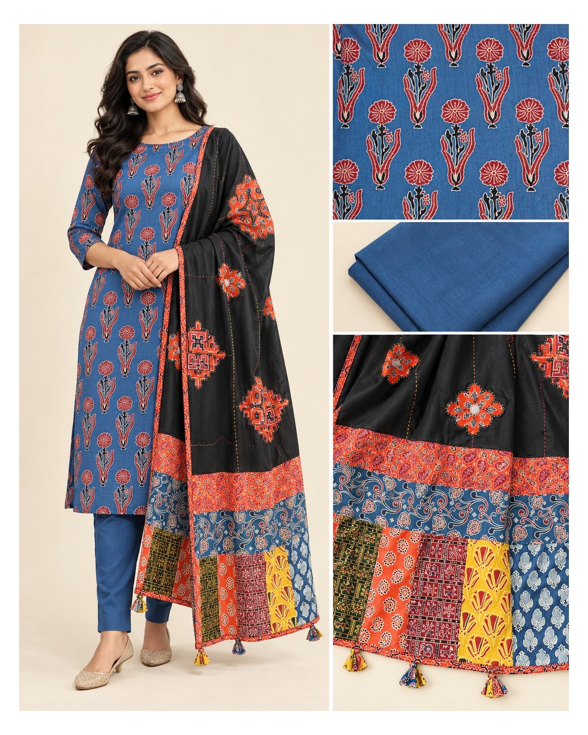 Ajrakh Printed Cotton Patchwork Dupatta Suit - Blue Floral / Black Patchwork