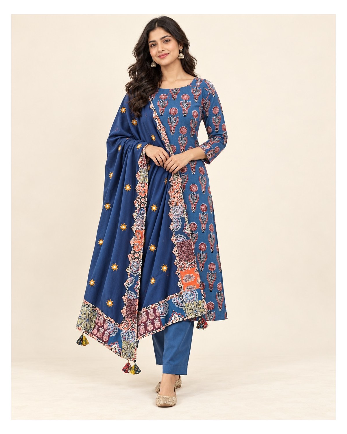 Ajrakh Printed Cotton Patchwork Dupatta Suit - Slate Blue Floral / Royal Blue Patchwork - image 5 | SONAS Clothing