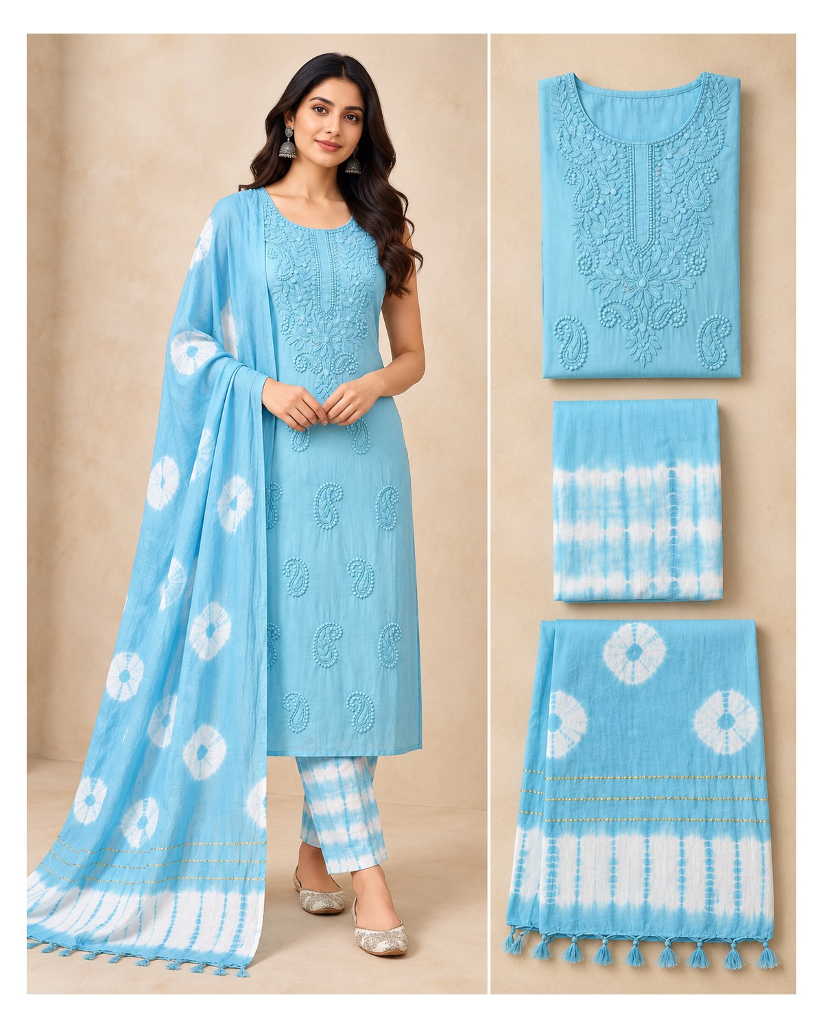 Lucknowi Embroidered Cotton Batik Churidar Material - Sky Blue - image 3 | SONAS Clothing