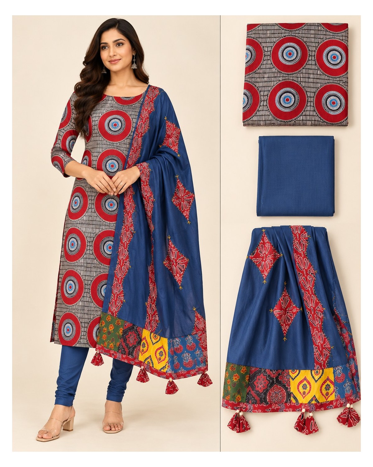 Ajrakh Printed Cotton Patchwork Dupatta Suit - Red Medallion / Navy Patchwork - image 5 | SONAS Clothing