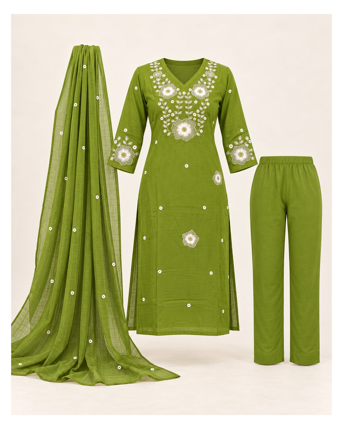 Premium Fine Cotton Embroidered Kurti Pant Dupatta Set - Olive Green - image 3 | SONAS Clothing